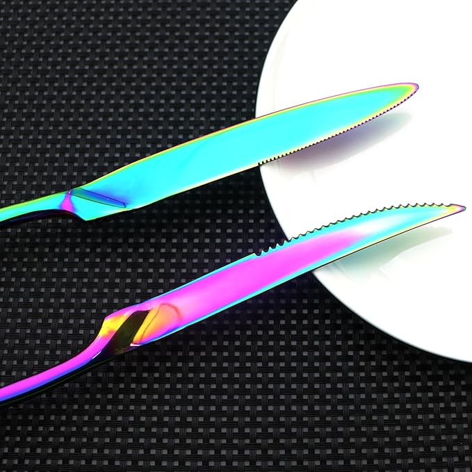 Flatware Set 18/10 Stainless Steel Mirror Polished Rainbow Colorful Cutlery - Silverware Utensil Set of Serrated Steak Knife Dinner Fork Knife Salad Fork Dessert Spoon,6 Piece Service for 1