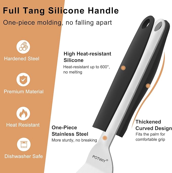 Fish Spatula, 13.3" Stainless Steel Slotted Spatula for Flipping Fish, Egg, Burger, Metal Turner for Kitchen and Grilling Cooking with Silicone Handle, Beveled Edge and Thickened Blade