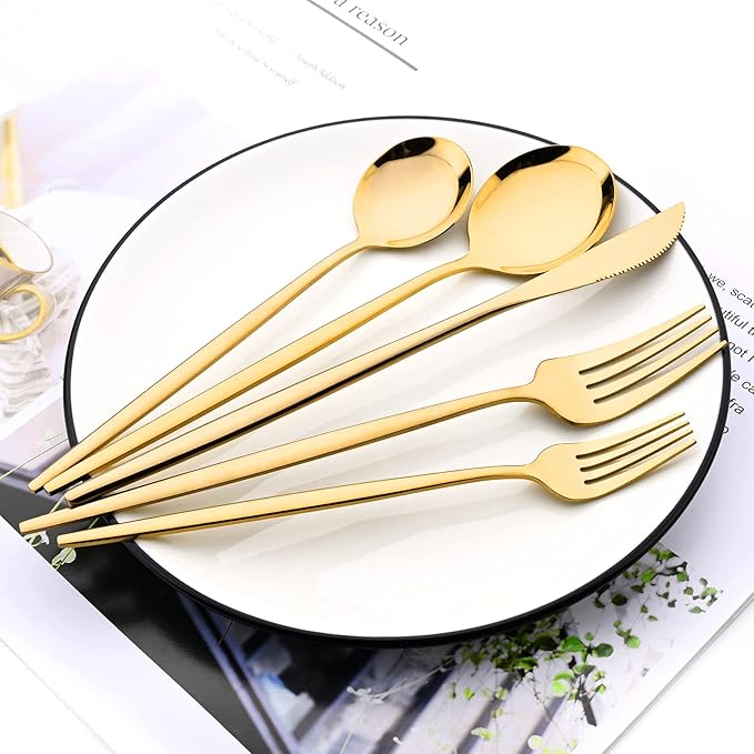 Gold 36-Pieces Silverware Flatware Mirror Polished Dinnerware, 18/0 Stainless Steel Cutlery Set For Home Kitchen Party Hotel Restaurant Wedding Service for 6