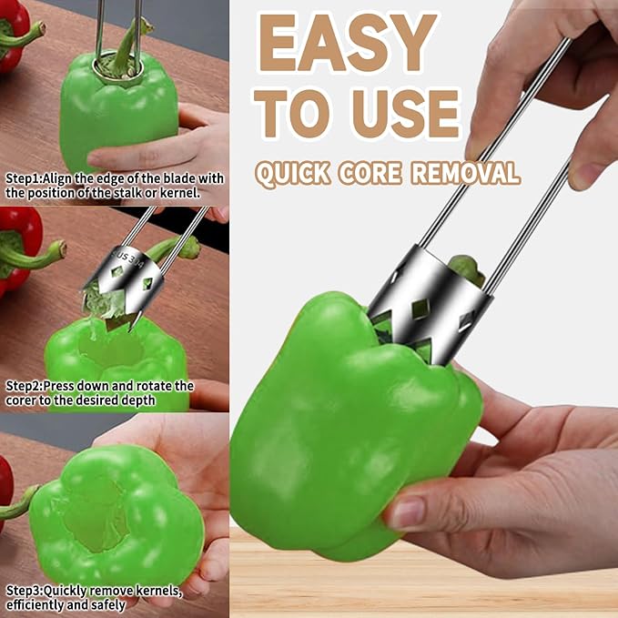 Pepper Corer, Stainless Steel Apple Core Remover Tool, Pepper Seed Core Remover, Multifunctional Apple Corer Tool for Vegetable Fruit Practical Kitchen Gadget (2 Pcs)