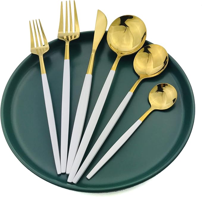 36-Pieces Silverware Mirror Polished Dinnerware Gold Flatware With White Handle, 18/0 Stainless Steel Cutlery Set For Home Kitchen Party Hotel Restaurant Wedding Service for 6
