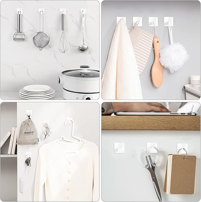 VIS'V Adhesive Towel Hooks, Waterproof Shower Wall Stick on Hooks, 2 Extra Adhesive Strips, White, 4 Pcs