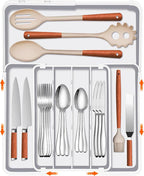 Adjustable Kitchen Utensil Organizer Plastic Silverware Drawer Organizer, Expandable Cutlery Drawer Organizer BPA Free Flatware Tray for Spoons Forks Knives Organizers Divider, White