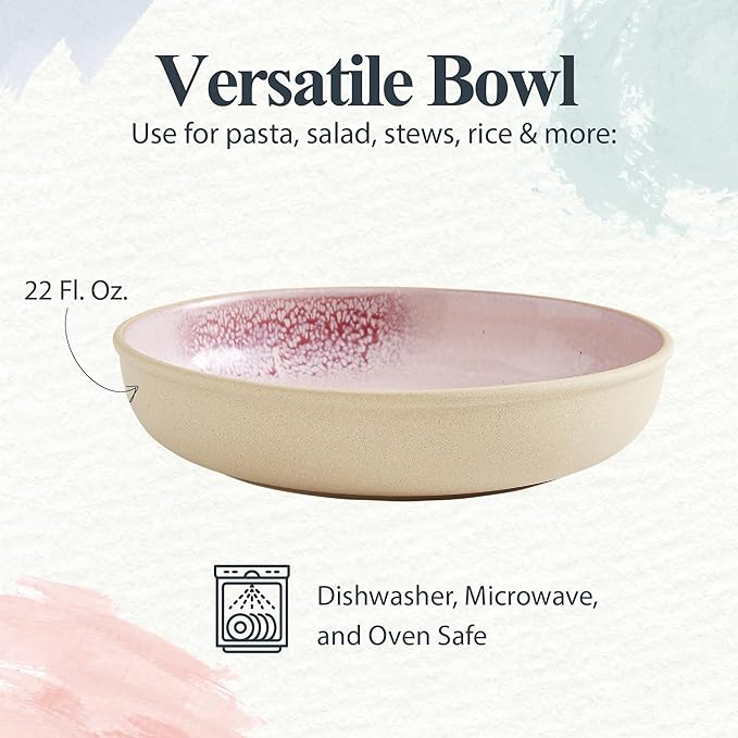 Portmeirion Minerals 8.7-Inch Low Serving Bowl, Rose Quartz - Stoneware from Recycled Clay, Handmade in Portugal, Reactive Glaze for a Unique Look, Microwave & Dishwasher Safe - Decorative Modern Bowl