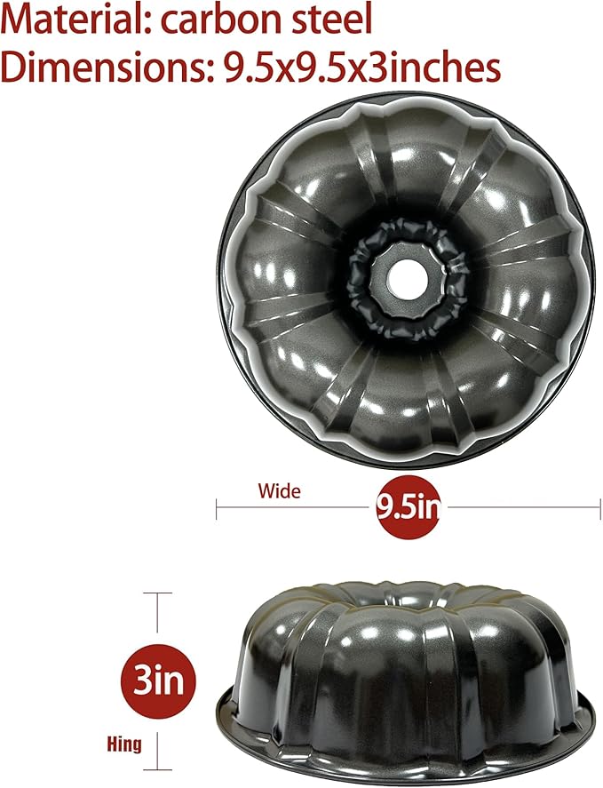 Classic Bakeware 9.5 Inch Non-stick Fluted Cake Pan,Heavy Duty Carbon Steel Tube Baking Mold Gray