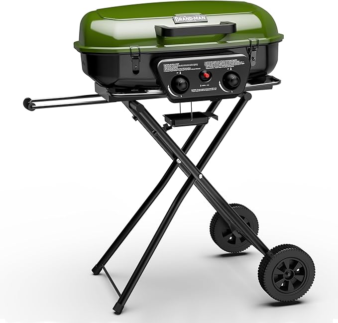 Brand-Man Portable Gas Grill, Propane Standup Grill with Folding Cart & Push-Button Ignition, Ideal for Camping, Tailgating, BBQ, Backyard, Patio & More