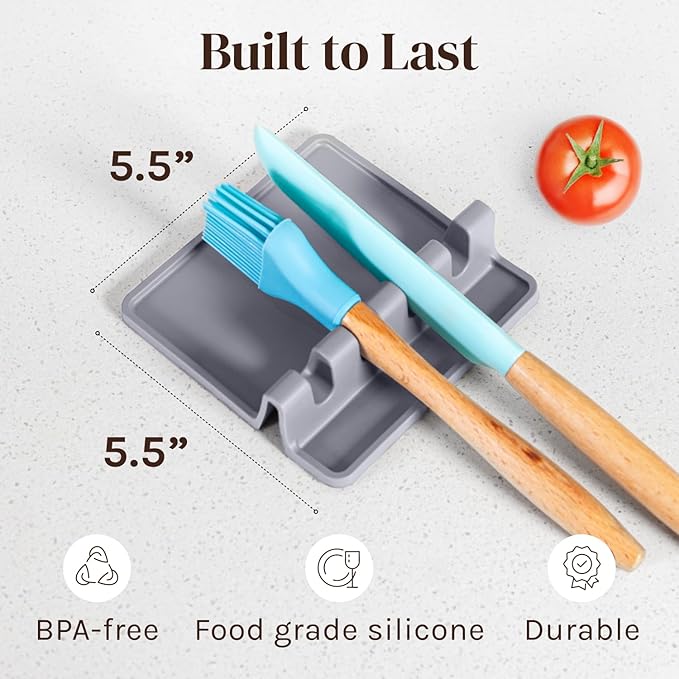 Silicone Spoon Rest for Stove Top with Drip Pad (2 Pack) - Heat Resistant BPA Free Utensil Rest & Kitchen Spoon Holder for Kitchen Counter - Grill And Countertop - Spatula Holder, Tongs, Ladle - Grey