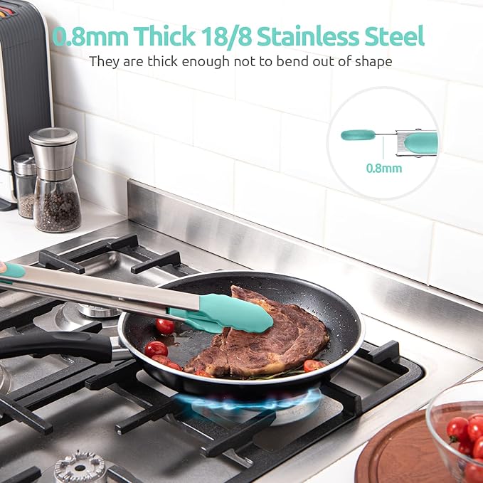 600ºF Heat Resistant Kitchen Tongs: U-Taste 16 in Extra Long Large Silicone Cooking Tong with Sturdy Non Stick Rubber Tips & Non Slip Silicon Coated 18/8 Stainless Steel Handle for Grill BBQ(Aqua Sky)