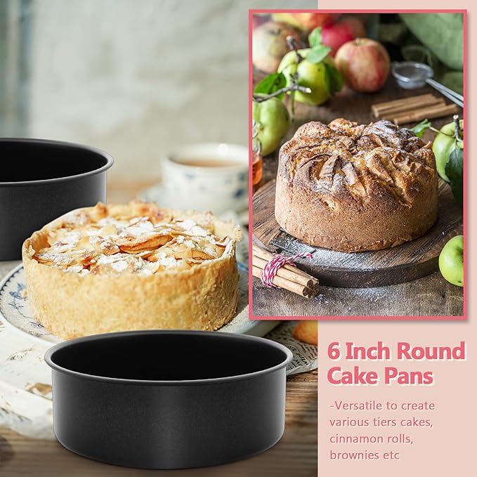 E-far 6 Inch Cake Pans Set of 2, Nonstick Stainless Steel Small Round Baking Pans with Parchment Paper & Side Liner Roll, Stainless Steel Core & Non-toxic Coating, Straight Side & 2 Inch Deep