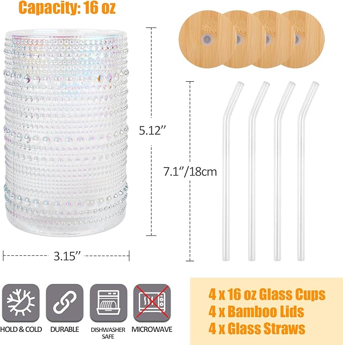 Vintage Drinking Glasses Set of 4 with Bamboo Lids, Textured Clear Striped Ribbed Glassware Set Cocktail Set Beaded Glass Cups Old Fashion Embossed Iced Coffee Cup for Beer, Beverage(16 oz), Rainbow