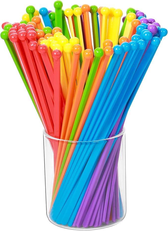 100 Pieces Disposable Plastic Round Top Crystal Swizzle Sticks (Rainbow Color)