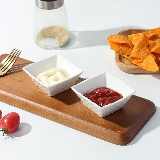 UIBFCWN 6 Pack Ceramic Dip Bowls Set, 2.3oz White Dipping Sauce Bowls/Dishes for Tomato Sauce, Square Side Dishes, Mini Appetizer Plates for Condiment
