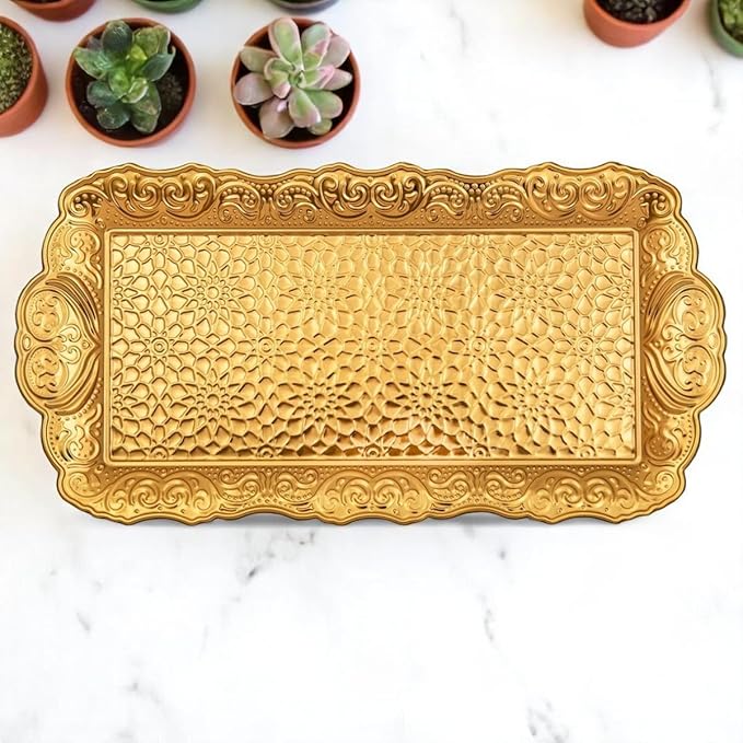 Alisveristime Small Ornate Metal Serving Tray – Ottoman Motif Decorative Tray (14.2" x 7.1", 10.8 oz) (Gold)