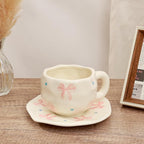 Koythin Ceramic Coffee Mug with Saucer Set, Cute Pink Big Bow Cup Unique for Office and Home, 10 oz/300 ml for Latte Tea Milk