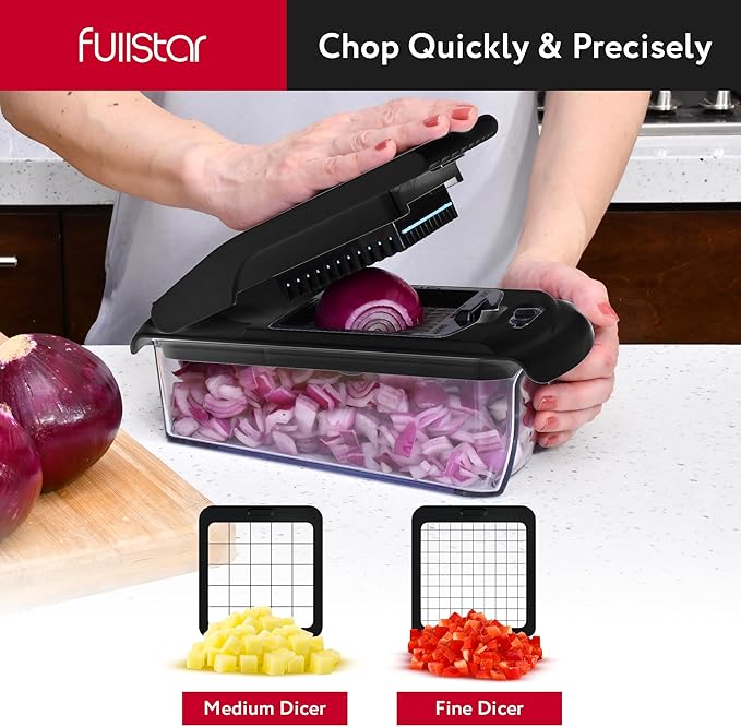 Fullstar Mandoline Slicer for Kitchen - Vegetable Chopper, Onion Potato Food Veggie Fruit Slicer and Cutter with Container, Kitchen Gadgets & Accessories, Home Essentials (All in 1, Black)