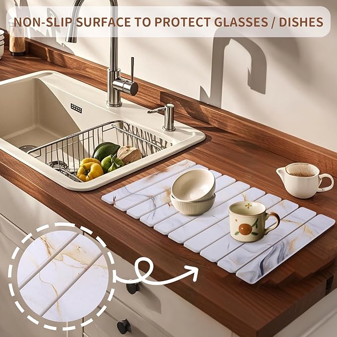 Coolcandy 24x16" Large Stone Dish Drying Mat, Quick Drying Mat Kitchen Counter, Foldable Kitchen Drying Mat, Diatomaceous Earth Stone Drying Mat, Collapsible Dish Mat Kitchen Mat For Drying