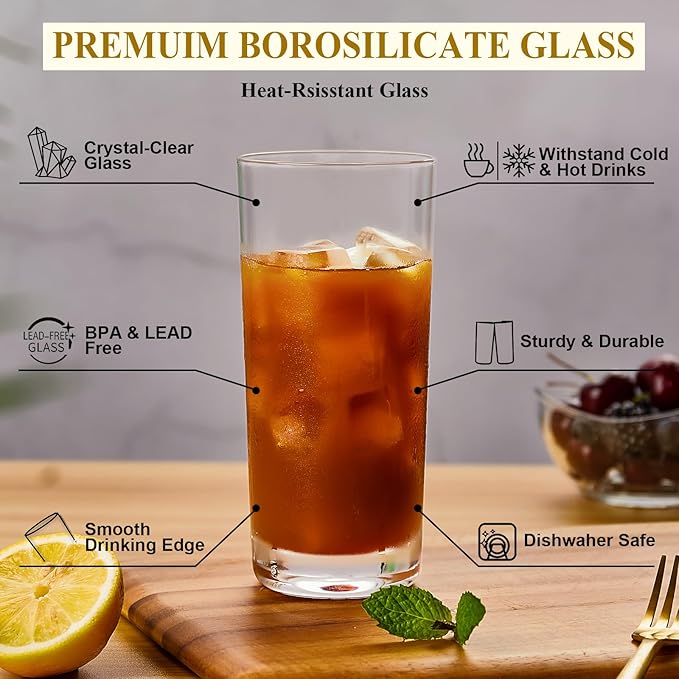 Heat-Resistant Drinking Glasses Set of 6 Double Fashioned Glass Lowball Tumblers 16oz Made From Premium Borosilicate All Crystal-Clear Water Cups, Mixed Drinkware For Daily Use - CL Count (Pack 1)
