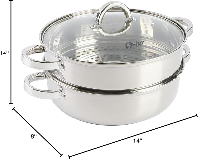 Oster Sangerfield 11-Inch Stainless Steel Everyday Cookware Pan with Steamer and Lid – Durable Nonstick Frying Skillet for Kitchen Cooking