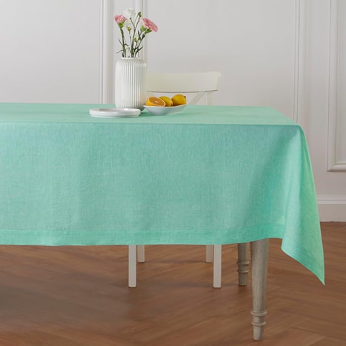 Solino Home Linen Tablecloth 60 x 90 Inch - 100% Pure Linen Chambray Aqua Table Cloth for Rectangle Tables - Athena, Machine Washable Tablecloth for Summer