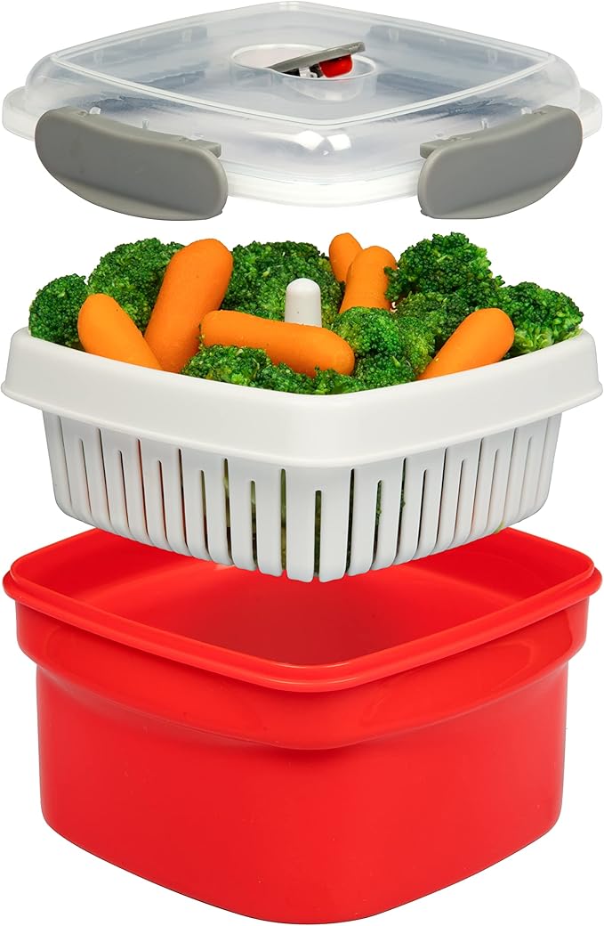 Microwave Steamer for Vegetables - 3 pc Microwavable Cooker with Food Storage- XMAS Holiday Cooking Made Easy- Removable Strainer & Locking Steam Vent Lid- BPA Free, Fridge & Freezer Safe | 1.3 Liters