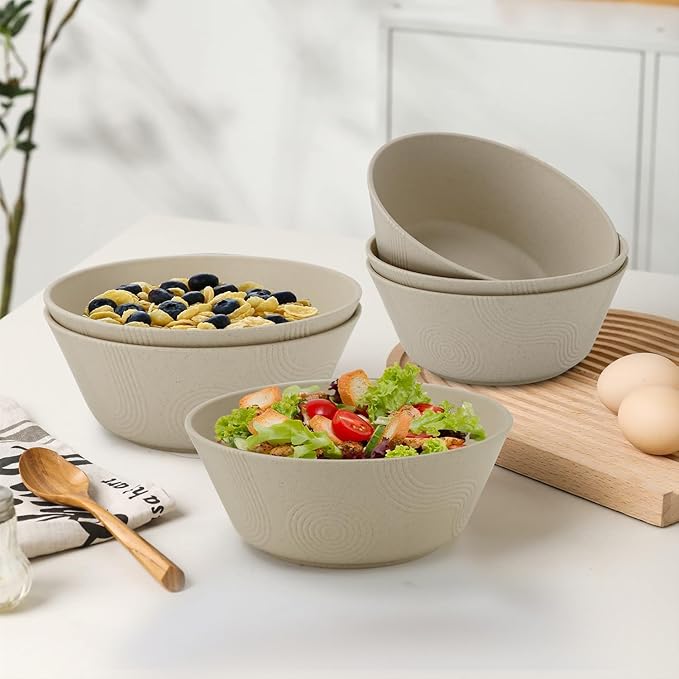 Homienly Cereal Bowl - Wheat Straw Bowls 6 PCS | Microwave & Dishwasher Safe | Patented Textured for Secure Grip| Ideal for Cereal, Soup, Salad - Versatile Dining Alternative to Plastic Bowls(Beige)