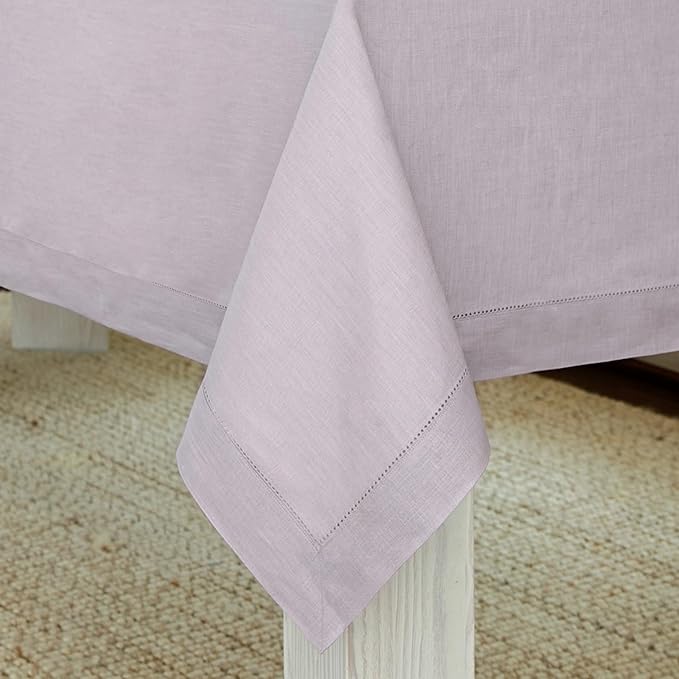 Solino Home Linen Tablecloth 60 x 108 Inch - Classic Hemstitch 100% Pure Linen Lilac Table Cloth for Rectangle Tables - Machine Washable Tablecloth for Summer