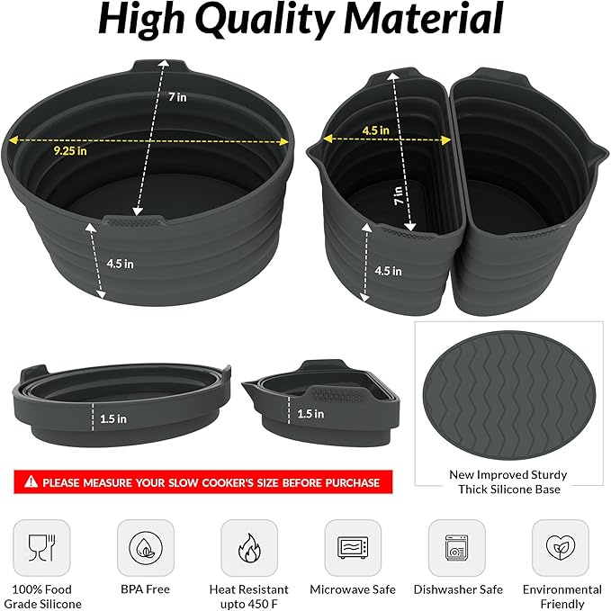 PREMIUM QUALITY: Tasmai 3 Pack, Crock pot liners, 4-8 Quart Slow Cooker Liners, Reusable Silicone crockpot liner, Crockpot liner, Crock pot divider, Crockpot divider insert (4-4.5 Quart (Gray))