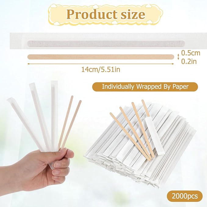 2000 Pcs Individually Wrapped Wooden Coffee Stirrers 5.5 Inch Disposable Wood Stir Sticks, Round End coffee stirrer for Cocktail, and Hot Drinks