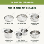 GreenPan 11 Piece Stainless Steel Cookware Set, Induction Ready, Tri-Ply Multiclad Pots & Pans with Lids, Compatible on All Cooktops, Measurement Markings, Dishwasher & Oven Safe,Swift, Silver Handles