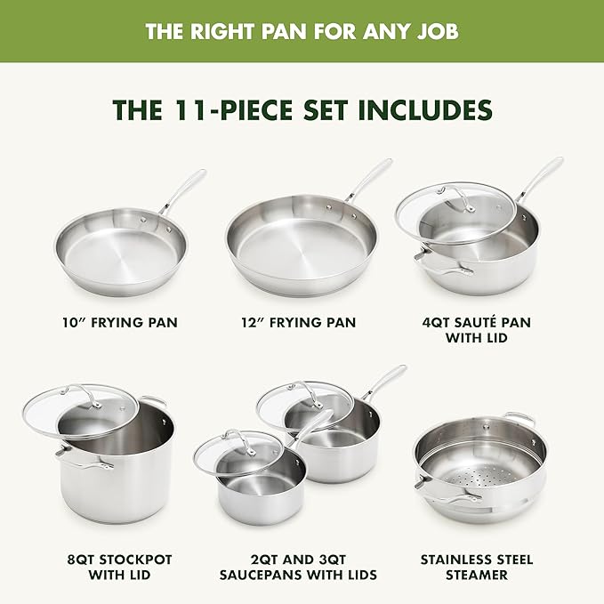GreenPan 11 Piece Stainless Steel Cookware Set, Induction Ready, Tri-Ply Multiclad Pots & Pans with Lids, Compatible on All Cooktops, Measurement Markings, Dishwasher & Oven Safe,Swift, Silver Handles