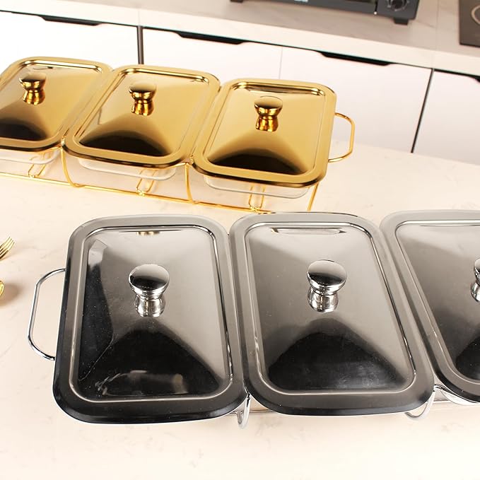 Casserole Dish Set Rectangle 3-in-1 Glass Baking Dish, with Stainless steel Lid and Silver rack, 1.3 Qt x 3 pcs Baking Pan For Casserole & Lasagna, Dishwasher Oven Freezer Microwave Safe