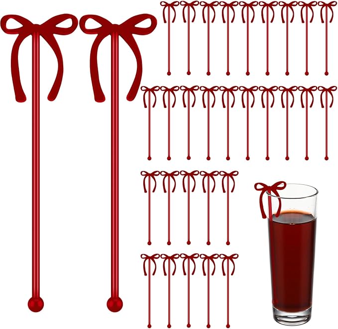30 Pcs 6 Inch Bow Drink Stirrers, Bow Stir Sticks Coffee Stirrers Reusable Plastic Swizzle Sticks for Wedding Birthday Bridal Cocktail Decorations Supplies(Red)