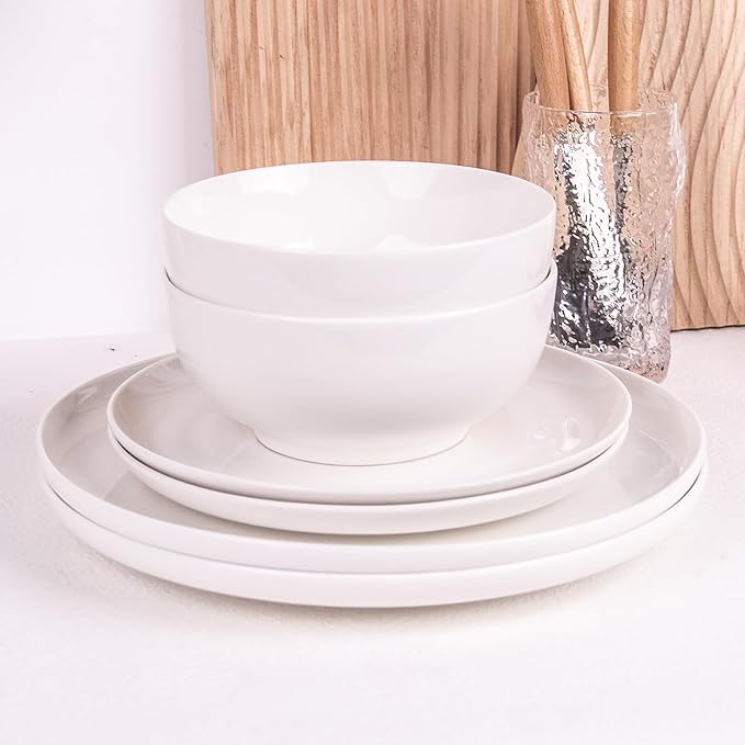 12-Piece Dinnerware Set for 4, White Porcelain Plates and Bowls, Chip Resistant Dishwasher Microwave Safe