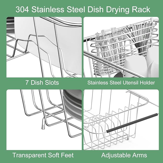 JAQ Small Dish Drying Rack in Sink Adjustable 14.25" to 20.55", Expandable 304 Stainless Steel Metal Dish Drainer Rack Organizer with Stainless Steel Utensil Holder Over Sink Counter (for 1-2 People)