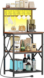Furologee Bakers Rack with Power Outlet and LED Light, Small Microwave Stand with 4 Tier Shelves, Coffee Bar Station Table with 6 S Hooks, Kitchen Storage Rack for Spices, Pots, Rustic Brown