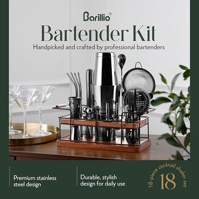 Barillio Black Bartender Kit – 23-Piece Stainless-Steel Cocktail Shaker Set with Premium African Mahogany Stand | Martini Barware Mixing Tools for Home Bartending | Gift Set