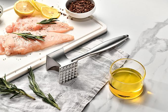 Full Stainless Steel Meat Mallet Tenderizer Tool - Chicken Hammer Flattener, Pounder for Kitchen, Food, Cooking - Dishwasher Safe Meat Beater