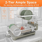 Dish Drying Rack, 2 -Tier 304 Stainless Steel Adjustable Spout Auto-Draining Dish Rack, Space Saving Dish Drainer with Drainboard and Utensil Holder for Kitchen Counter Grey