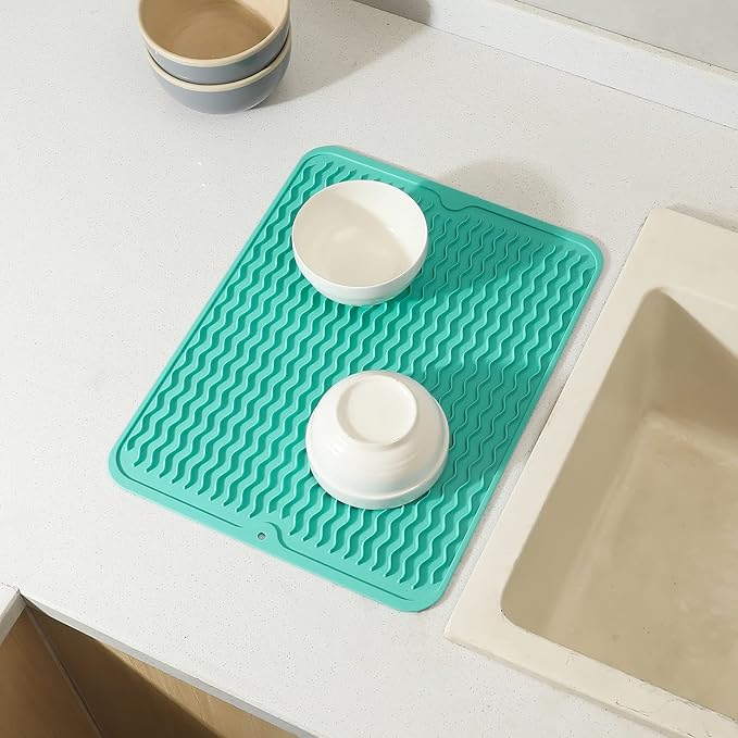 Silicone Dish Drying Mat for Multiple Usage,Easy clean,Eco-friendly,Heat-resistant Silicone Mat for Kitchen Counter or Sink,Refrigerator or drawer liner Mint L 16 inches x 12 inches