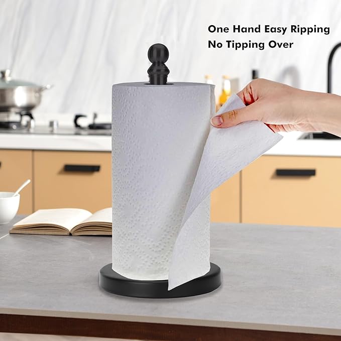 Paper Towel Holder Countertop, Standing Paper Towel Roll Holder for Kitchen Bathroom, with Weighted Base for One-Handed Operation (Black)