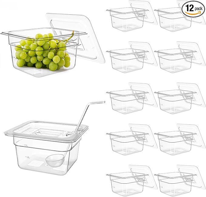 12 Pack Plastic Clear Food Pan with Lids, 1/6 Size 4'' Deep Commercial Stackable Polycarbonate Pans Hotel Food Storage Pan with 1 Pcs Spoon for Fruits Vegetables