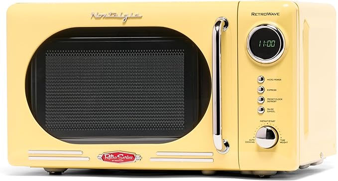 Nostalgia NRMO7YW6A Retro Compact Countertop Microwave Oven, 0.7 Cu. Ft. 700-Watts with LED Digital Display, Child Lock, Easy Clean Interior, Yellow