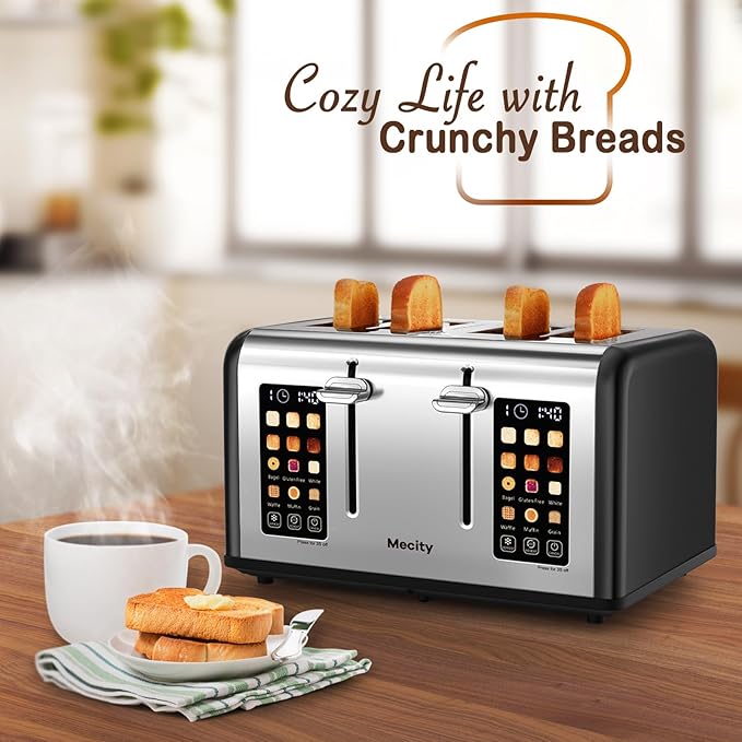 Mecity 4 Slice Toaster with Touch Screen Control, 4 Wide Slots, Stainless Steel Smart Bread Toaster for Bagels, Muffins, Waffles, Dual Control Panel, Timer, Defrost, Reheat, 120V 1650W, Matt Black