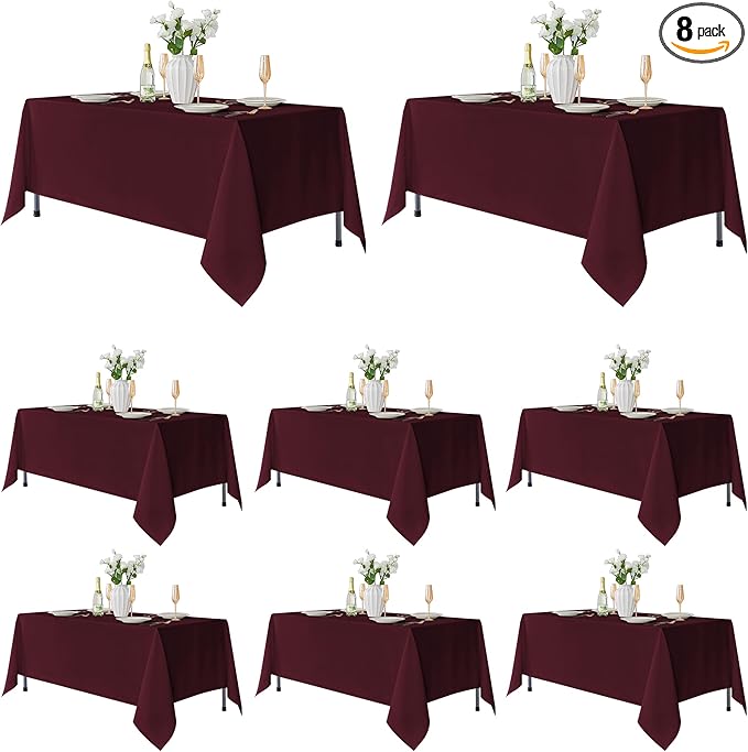 Fitable 8 Pack Rectangle Tablecloths: Stain Resistant Wrinkle Free Circle Table Clothes, Washable Reusable Polyester Table Covers for Wedding Party Birthday Banquet Reception(Burgundy, 60x102 Inch)