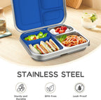 Stainless Steel Kids Leak-Resistant Bento Lunch Box, 3-Compartments with Silicone Container, Dishwasher-Safe, Child-Friendly Design for School, Picnics & Travel,BPA-Free (Blue)