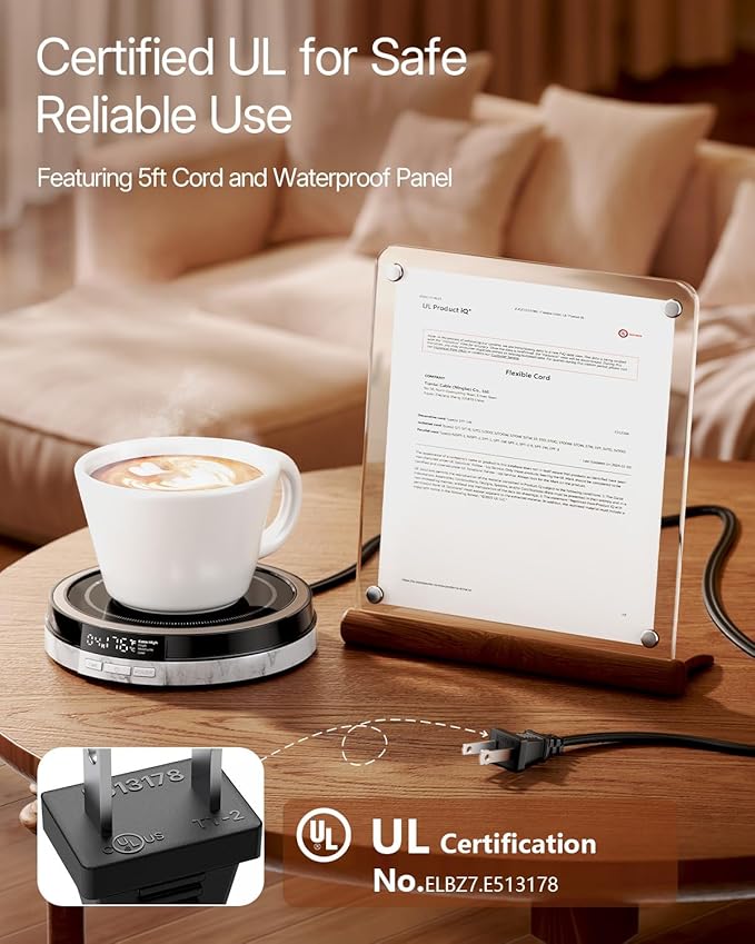 Coffee Mug Warmer for Desk, 50W Fast Heating Cup Warmer with Smart Display, 4 Temps & 12H Timer, Auto Shut Off for Tea, Milk, Hot Drinks - Marble Effect