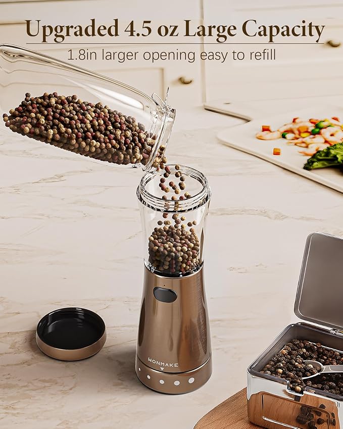 Electric Salt and Pepper Grinder Set Rechargeable, Electric Pepper Grinder with Adjustable Coarseness, 4.5oz Large Capacity, 1.8" Wide-Mouth & Storage Base, One-Hand Operation Kitchen Gadgets