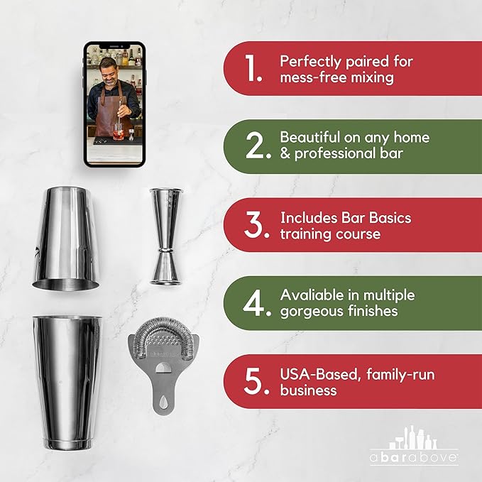 A Bar Above 4-Piece Cocktail Shaker Set, for Professional and Home Bar, Premium Bar Kit Gifts, Includes Strainer, Jigger, Shaker Set, and 4-Hour Cocktail Course