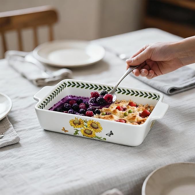 ACMLIFE Ceramic Casserole Dish for Oven, Floral Baking Dishes for Oven Lasagna Pan, Large Baking Dish with Handles, Durable and Oven Safe Pan, for Roasting and Baking, Gift Packaging 2 Pcs Set(13"x8"+10.3"x6.3") (Sunflower)