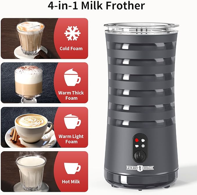 Milk Frother, Paris Rhône 4-in-1 Milk Steamer and Frother, Hot & Cold Foam Milk Warmer with Temperature Control, Auto Shut-Off Frothers for Coffee, Latte, Cappuccino, Macchiato
